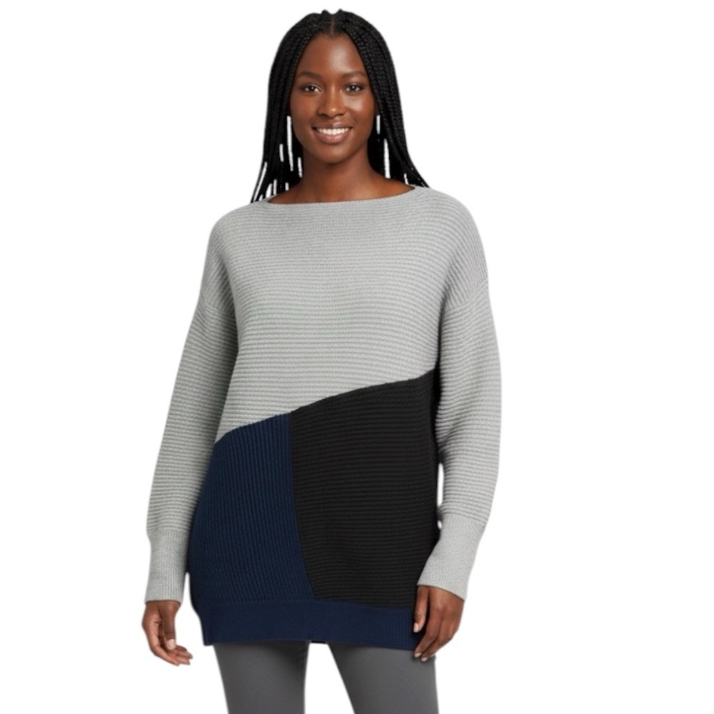 DKNY Color Block Ribbed Knit Sweater Cashmere Blend Boat Neck Oversized Minimal